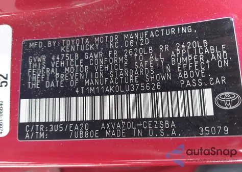 2020 Toyota Camry Se из США, поврежденный, VIN 4T1M11AK0LU375626